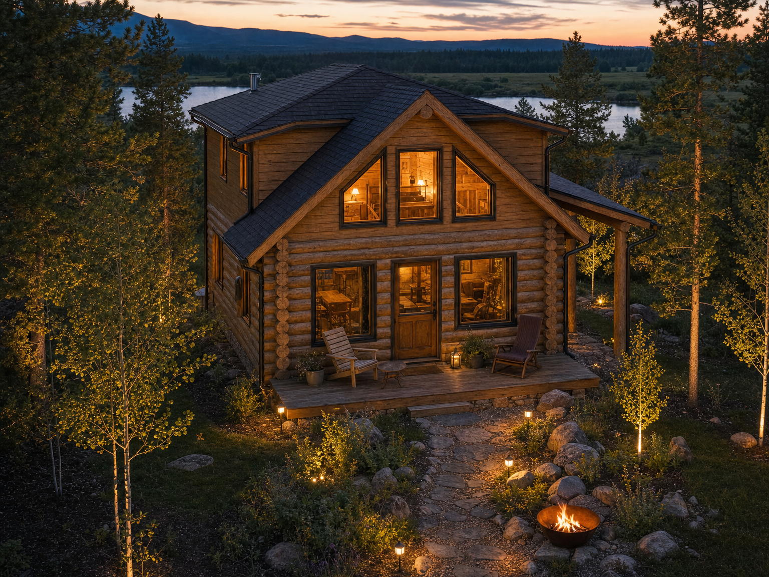 Cabin at dusk from the air
