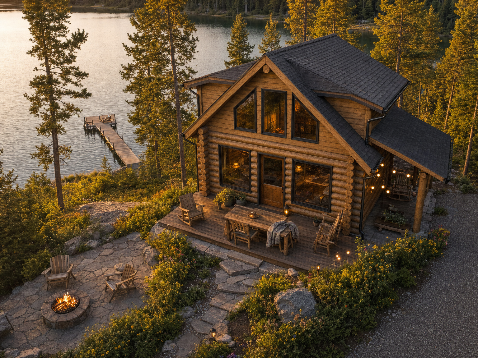 Log cabin on a Colorado lake, fire pit and dock at golden hour