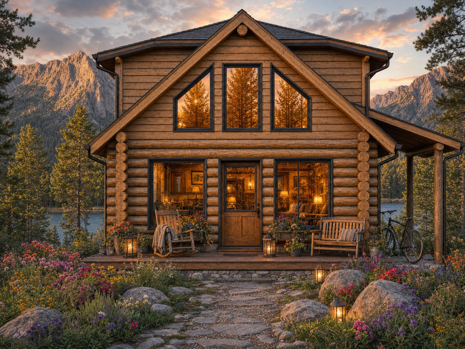 Front of the cabin at golden hour