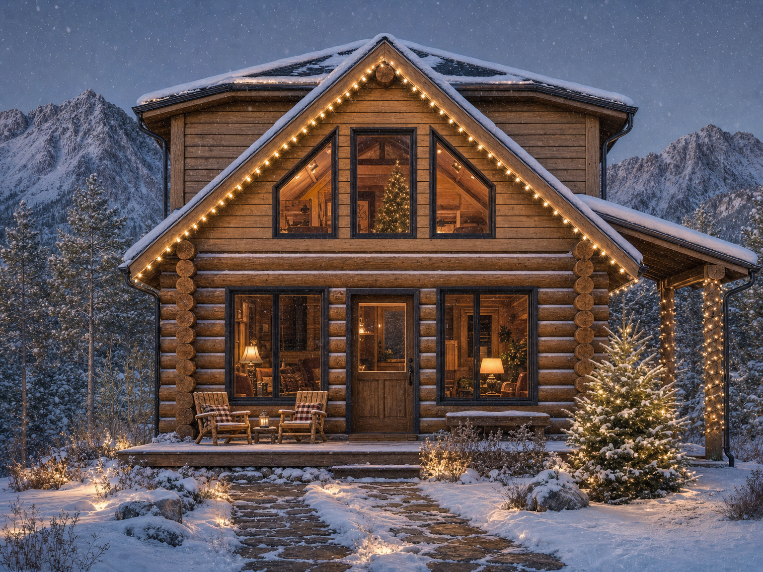 Cabin in snow with warm lights