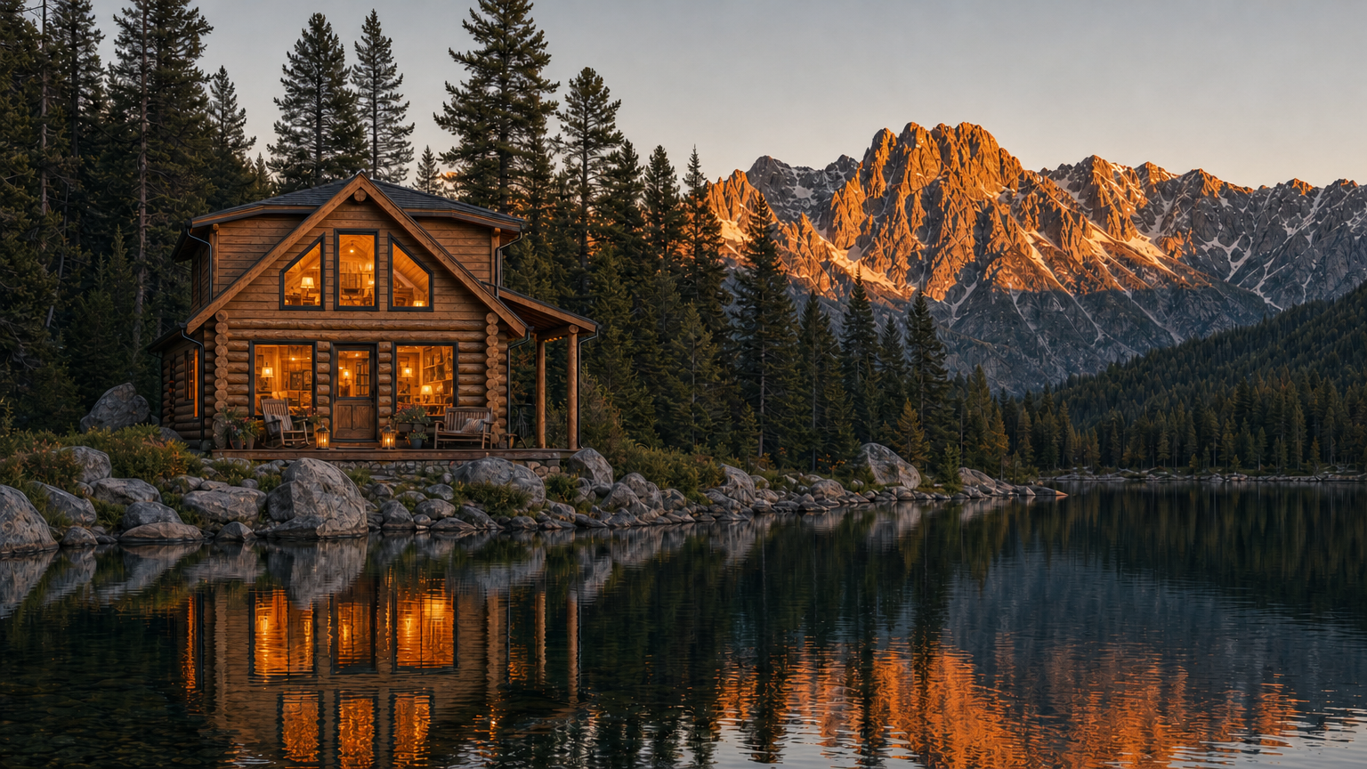 Handcrafted two-story log cabin on a Colorado mountain lake at golden hour