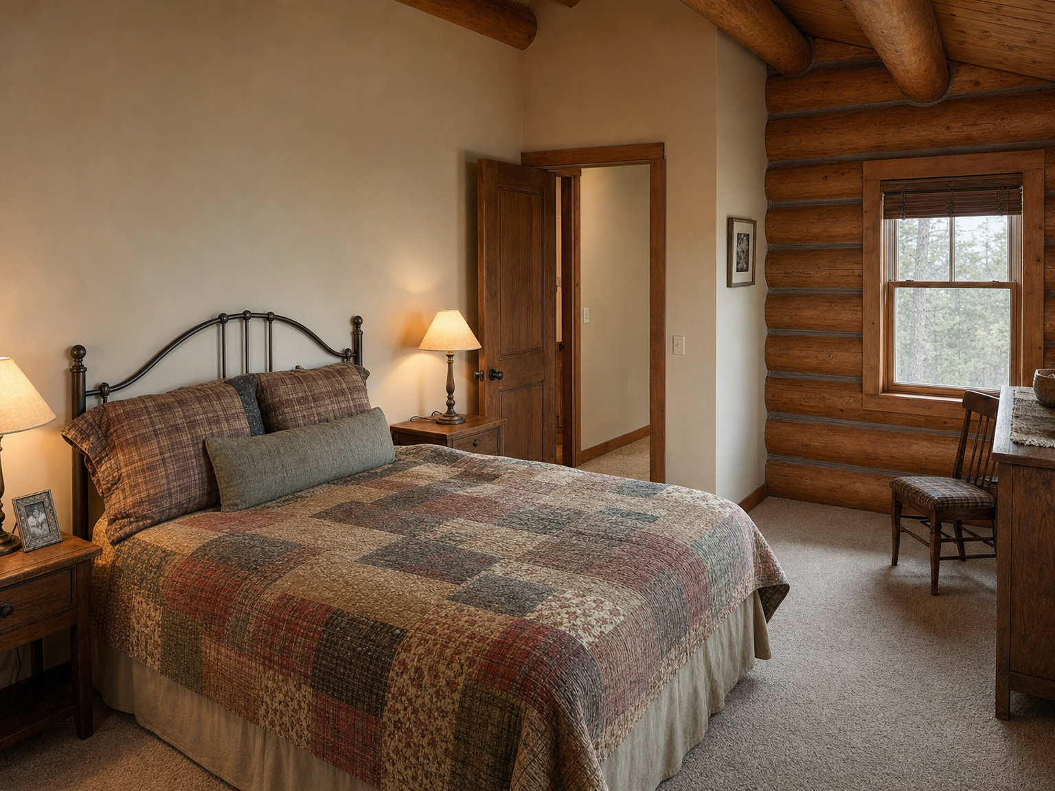 Bedroom with painted drywall interior walls and a log window wall