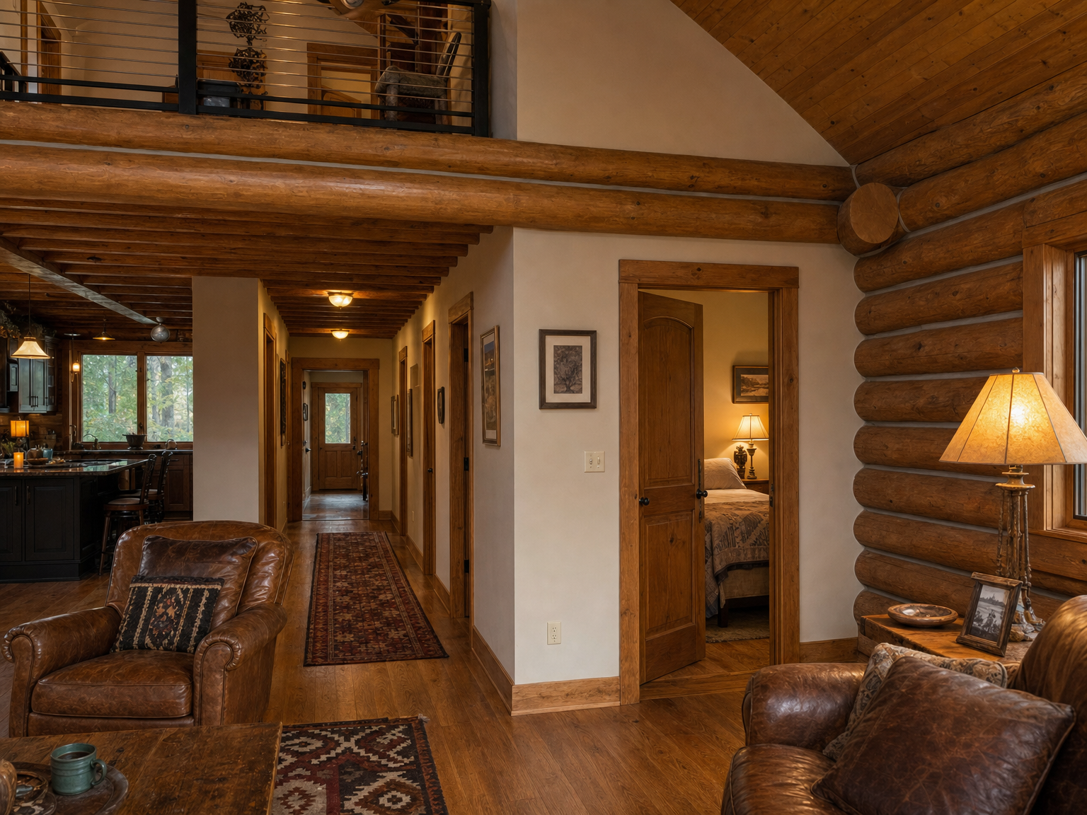 Great room with log walls opening to a painted drywall hallway