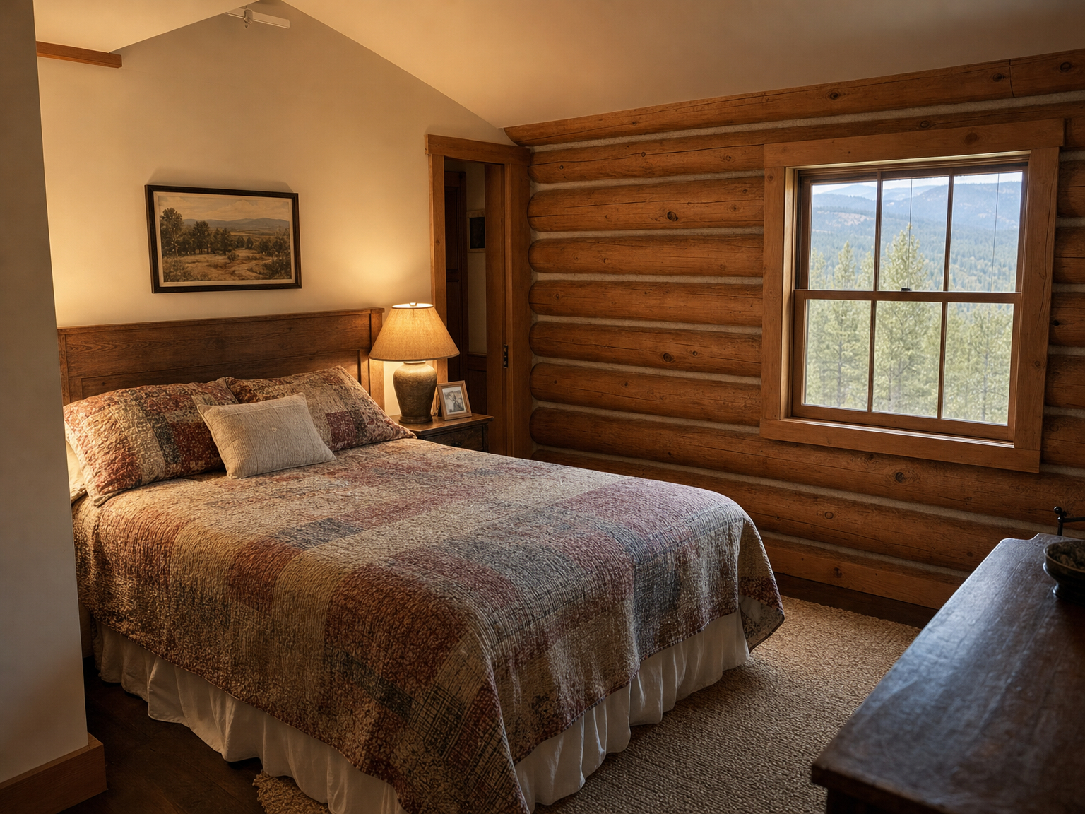 Bedroom with log window wall and painted drywall behind the bed