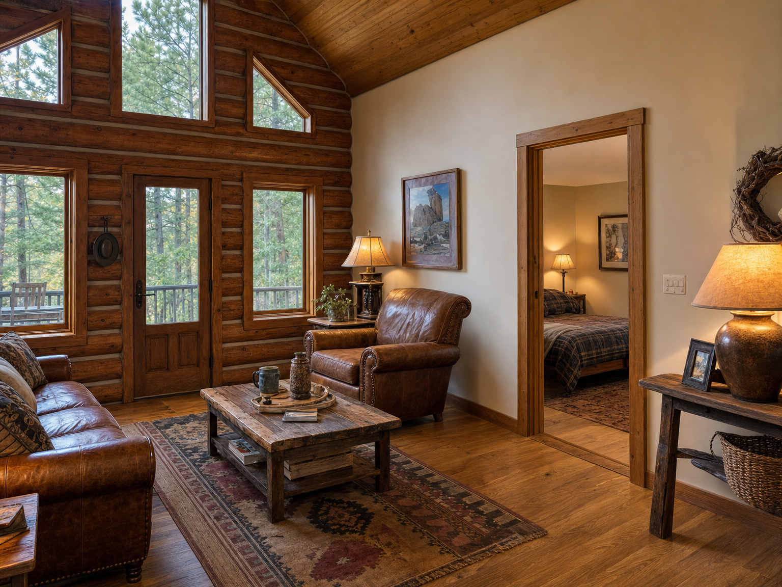 Great room with log exterior walls and a painted drywall interior wall