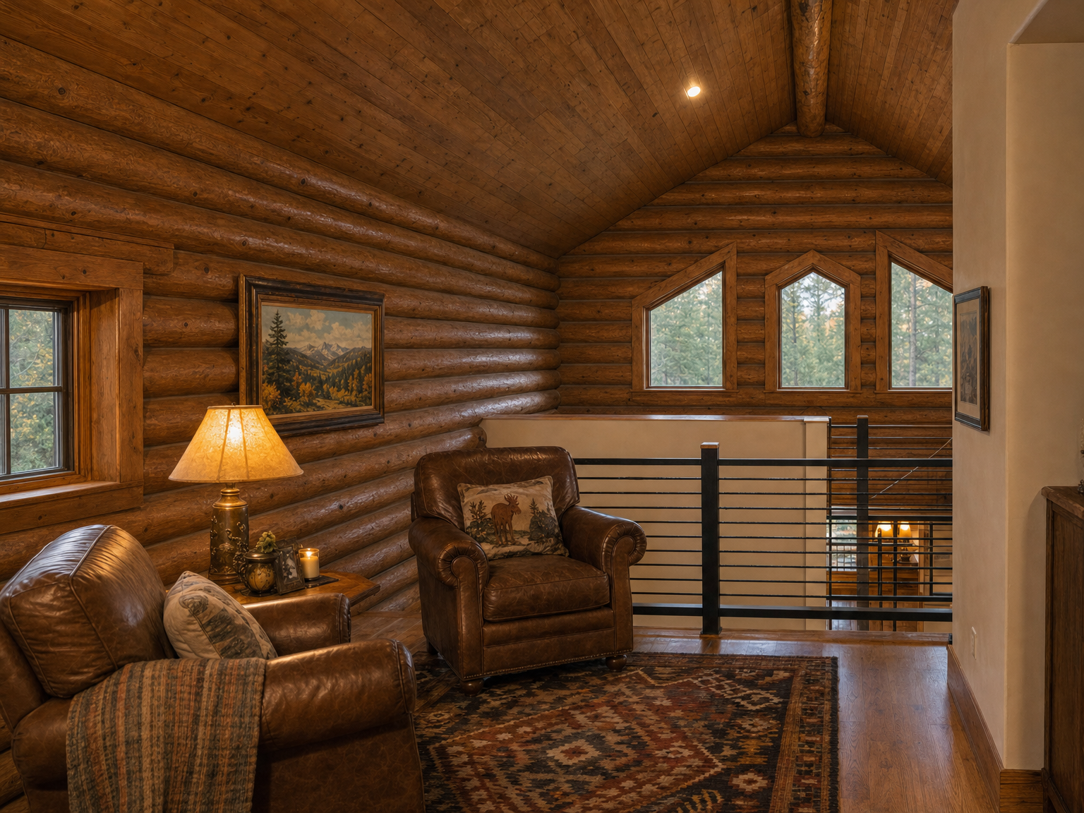 Loft with log gable walls and a drywall stair partition