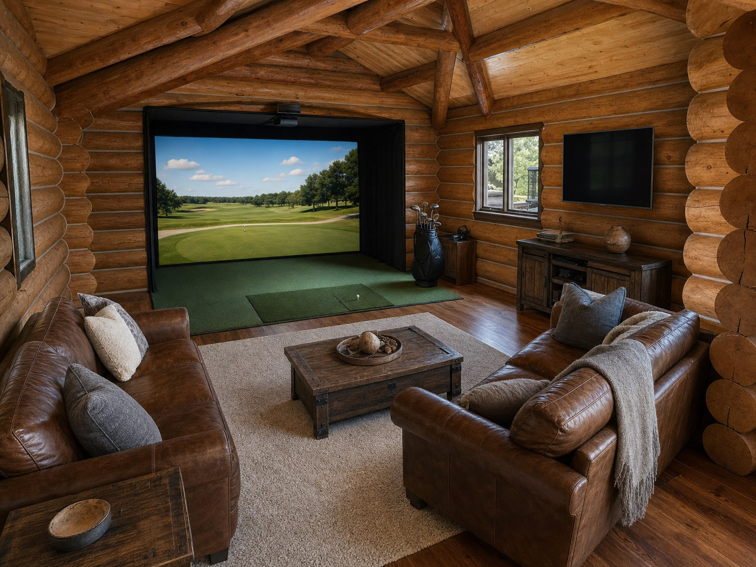 Golf simulator in a log room